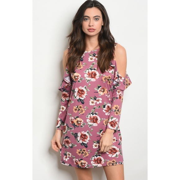 First Love Dresses & Skirts - 5 🌟Mauve floral cold shoulder long sleeve dress